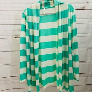 NWT mint and white striped cozy cardigan with tan elbow patches